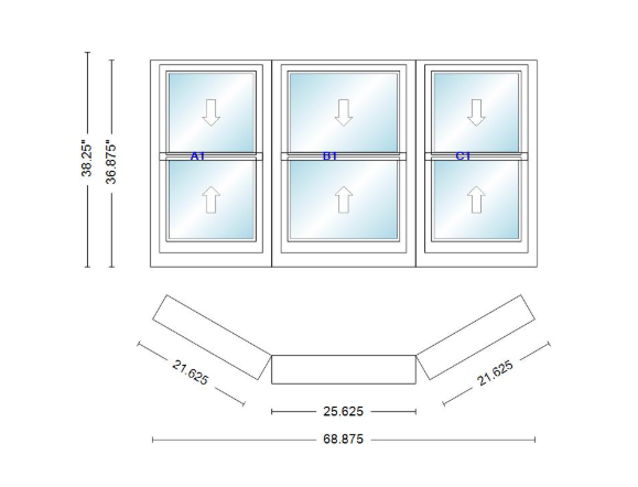 Andersen 400 Series Double Hung Bay Window 68 7/8" Wide Double Hung With Double Hung Flankers 30 Degree Angle Of Deflection Vinyl Exterior Wood Interior Low-E4 Dual Pane Argon Gas