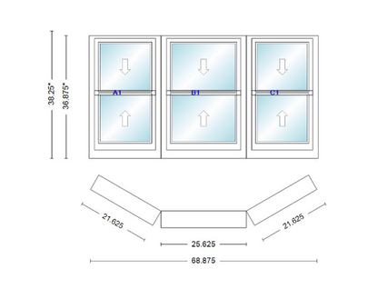 Andersen 400 Series Double Hung Bay Window 68 7/8" Wide Double Hung With Double Hung Flankers 30 Degree Angle Of Deflection Vinyl Exterior Wood Interior Low-E4 Dual Pane Argon Gas