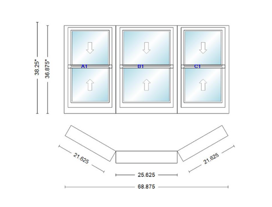Andersen 400 Series Double Hung Bay Window 68 7/8" Wide Double Hung With Double Hung Flankers 30 Degree Angle Of Deflection Vinyl Exterior Wood Interior Low-E4 Dual Pane Argon Gas