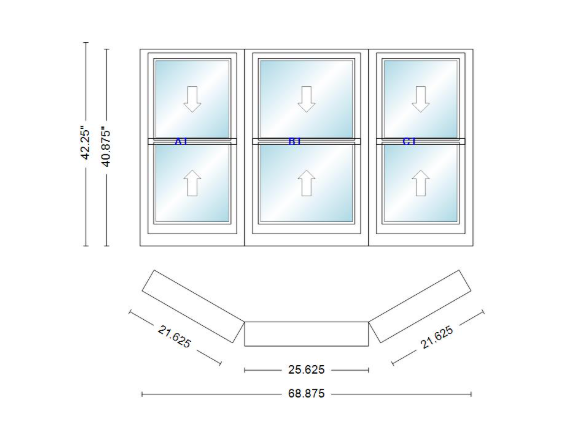 Andersen 400 Series Double Hung Bay Window 68 7/8" Wide Double Hung With Double Hung Flankers 30 Degree Angle Of Deflection Vinyl Exterior Wood Interior Low-E4 Dual Pane Argon Gas