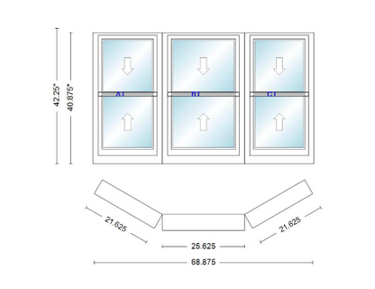 Andersen 400 Series Double Hung Bay Window 68 7/8" Wide Double Hung With Double Hung Flankers 30 Degree Angle Of Deflection Vinyl Exterior Wood Interior Low-E4 Dual Pane Argon Gas