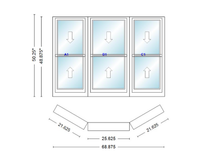 Andersen 400 Series Double Hung Bay Window 68 7/8" Wide Double Hung With Double Hung Flankers 30 Degree Angle Of Deflection Vinyl Exterior Wood Interior Low-E4 Dual Pane Argon Gas