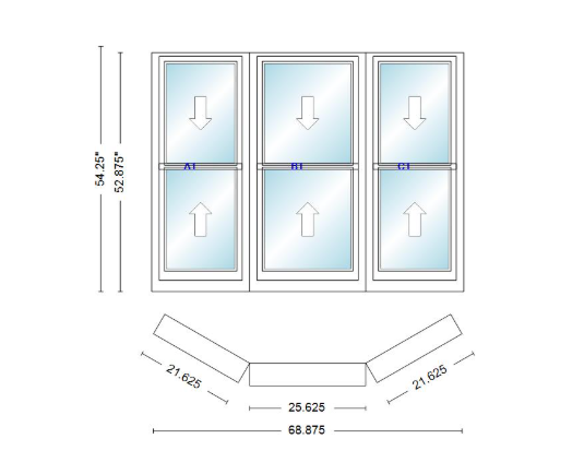 Andersen 400 Series Double Hung Bay Window 68 7/8" Wide Double Hung With Double Hung Flankers 30 Degree Angle Of Deflection Vinyl Exterior Wood Interior Low-E4 Dual Pane Argon Gas