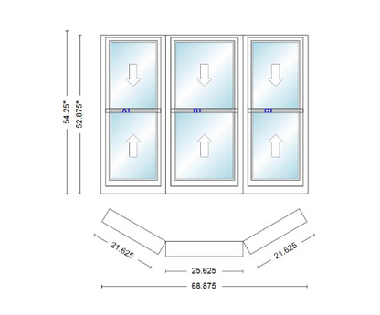Andersen 400 Series Double Hung Bay Window 68 7/8" Wide Double Hung With Double Hung Flankers 30 Degree Angle Of Deflection Vinyl Exterior Wood Interior Low-E4 Dual Pane Argon Gas