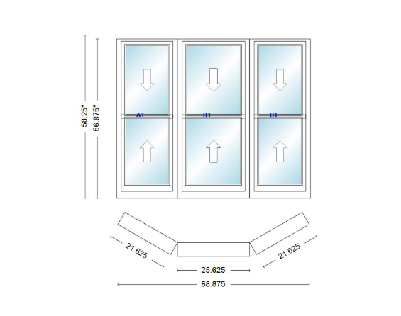 Andersen 400 Series Double Hung Bay Window 68 7/8" Wide Double Hung With Double Hung Flankers 30 Degree Angle Of Deflection Vinyl Exterior Wood Interior Low-E4 Dual Pane Argon Gas