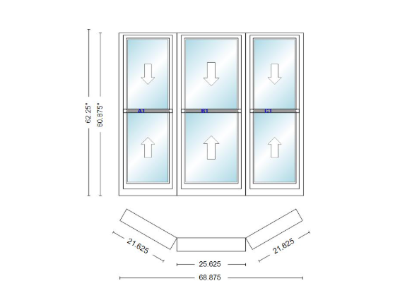 Andersen 400 Series Double Hung Bay Window 68 7/8" Wide Double Hung With Double Hung Flankers 30 Degree Angle Of Deflection Vinyl Exterior Wood Interior Low-E4 Dual Pane Argon Gas