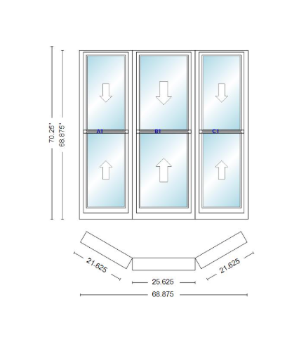 Andersen 400 Series Double Hung Bay Window 68 7/8" Wide Double Hung With Double Hung Flankers 30 Degree Angle Of Deflection Vinyl Exterior Wood Interior Low-E4 Dual Pane Argon Gas