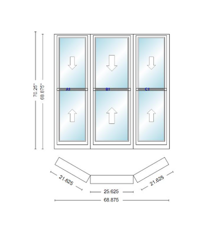 Andersen 400 Series Double Hung Bay Window 68 7/8" Wide Double Hung With Double Hung Flankers 30 Degree Angle Of Deflection Vinyl Exterior Wood Interior Low-E4 Dual Pane Argon Gas