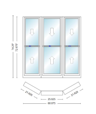 Andersen 400 Series Double Hung Bay Window 68 7/8" Wide Double Hung With Double Hung Flankers 30 Degree Angle Of Deflection Vinyl Exterior Wood Interior Low-E4 Dual Pane Argon Gas