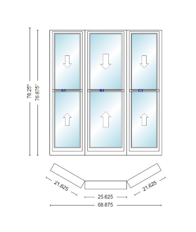 Andersen 400 Series Double Hung Bay Window 68 7/8" Wide Double Hung With Double Hung Flankers 30 Degree Angle Of Deflection Vinyl Exterior Wood Interior Low-E4 Dual Pane Argon Gas