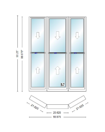 Andersen 400 Series Double Hung Bay Window 68 7/8" Wide Double Hung With Double Hung Flankers 30 Degree Angle Of Deflection Vinyl Exterior Wood Interior Low-E4 Dual Pane Argon Gas