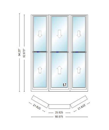 Andersen 400 Series Double Hung Bay Window 68 7/8" Wide Double Hung With Double Hung Flankers 30 Degree Angle Of Deflection Vinyl Exterior Wood Interior Low-E4 Dual Pane Argon Gas