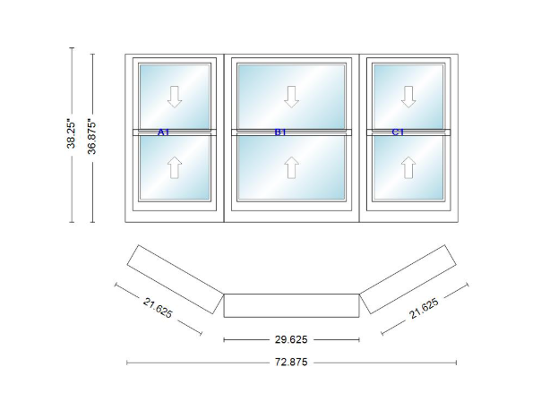 Andersen 400 Series Double Hung Bay Window 72 7/8" Wide Double Hung With Double Hung Flankers 30 Degree Angle Of Deflection Vinyl Exterior Wood Interior Low-E4 Dual Pane Argon Gas