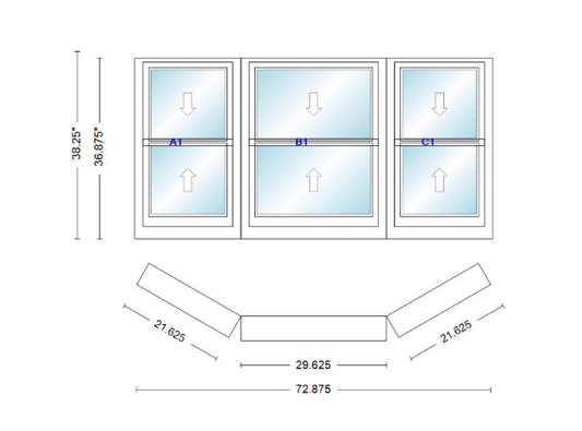 Andersen 400 Series Double Hung Bay Window 72 7/8" Wide Double Hung With Double Hung Flankers 30 Degree Angle Of Deflection Vinyl Exterior Wood Interior Low-E4 Dual Pane Argon Gas
