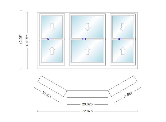 Andersen 400 Series Double Hung Bay Window 72 7/8" Wide Double Hung With Double Hung Flankers 30 Degree Angle Of Deflection Vinyl Exterior Wood Interior Low-E4 Dual Pane Argon Gas