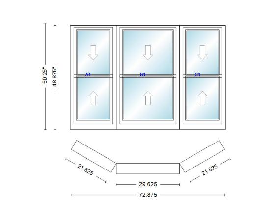 Andersen 400 Series Double Hung Bay Window 72 7/8" Wide Double Hung With Double Hung Flankers 30 Degree Angle Of Deflection Vinyl Exterior Wood Interior Low-E4 Dual Pane Argon Gas