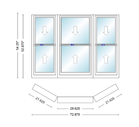 Andersen 400 Series Double Hung Bay Window 72 7/8" Wide Double Hung With Double Hung Flankers 30 Degree Angle Of Deflection Vinyl Exterior Wood Interior Low-E4 Dual Pane Argon Gas