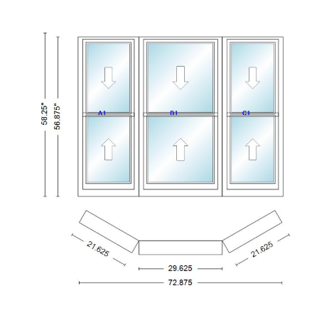 Andersen 400 Series Double Hung Bay Window 72 7/8" Wide Double Hung With Double Hung Flankers 30 Degree Angle Of Deflection Vinyl Exterior Wood Interior Low-E4 Dual Pane Argon Gas