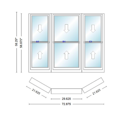Andersen 400 Series Double Hung Bay Window 72 7/8" Wide Double Hung With Double Hung Flankers 30 Degree Angle Of Deflection Vinyl Exterior Wood Interior Low-E4 Dual Pane Argon Gas