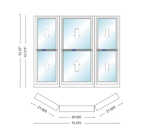 Andersen 400 Series Double Hung Bay Window 72 7/8" Wide Double Hung With Double Hung Flankers 30 Degree Angle Of Deflection Vinyl Exterior Wood Interior Low-E4 Dual Pane Argon Gas