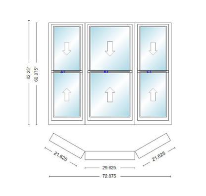 Andersen 400 Series Double Hung Bay Window 72 7/8" Wide Double Hung With Double Hung Flankers 30 Degree Angle Of Deflection Vinyl Exterior Wood Interior Low-E4 Dual Pane Argon Gas