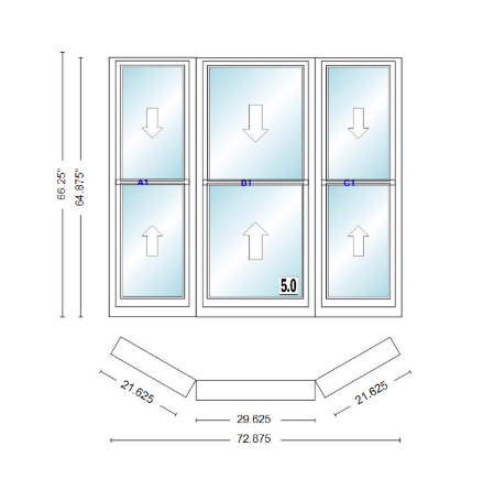 Andersen 400 Series Double Hung Bay Window 72 7/8" Wide Double Hung With Double Hung Flankers 30 Degree Angle Of Deflection Vinyl Exterior Wood Interior Low-E4 Dual Pane Argon Gas