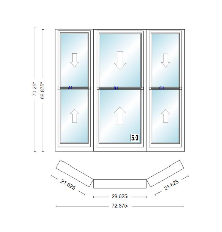 Andersen 400 Series Double Hung Bay Window 72 7/8" Wide Double Hung With Double Hung Flankers 30 Degree Angle Of Deflection Vinyl Exterior Wood Interior Low-E4 Dual Pane Argon Gas