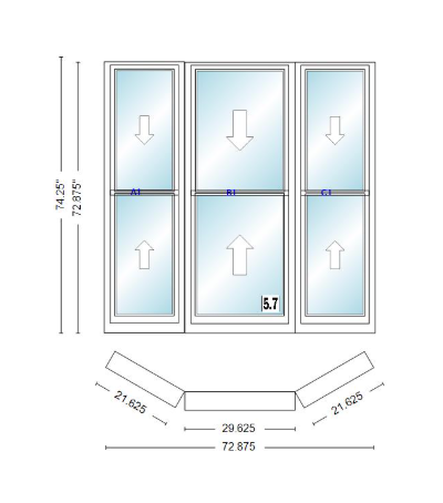 Andersen 400 Series Double Hung Bay Window 72 7/8" Wide Double Hung With Double Hung Flankers 30 Degree Angle Of Deflection Vinyl Exterior Wood Interior Low-E4 Dual Pane Argon Gas