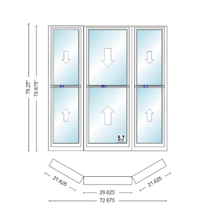 Andersen 400 Series Double Hung Bay Window 72 7/8" Wide Double Hung With Double Hung Flankers 30 Degree Angle Of Deflection Vinyl Exterior Wood Interior Low-E4 Dual Pane Argon Gas