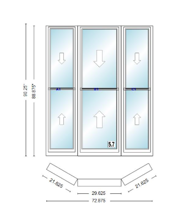 Andersen 400 Series Double Hung Bay Window 72 7/8" Wide Double Hung With Double Hung Flankers 30 Degree Angle Of Deflection Vinyl Exterior Wood Interior Low-E4 Dual Pane Argon Gas