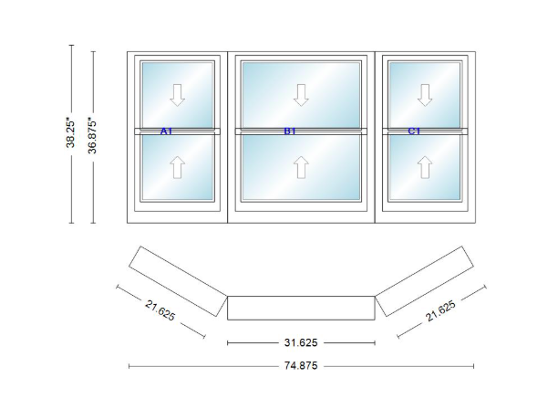 Andersen 400 Series Double Hung Bay Window 74 7/8" Wide Double Hung With Double Hung Flankers 30 Degree Angle Of Deflection Vinyl Exterior Wood Interior Low-E4 Dual Pane Argon Gas