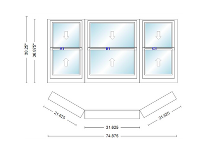 Andersen 400 Series Double Hung Bay Window 74 7/8" Wide Double Hung With Double Hung Flankers 30 Degree Angle Of Deflection Vinyl Exterior Wood Interior Low-E4 Dual Pane Argon Gas