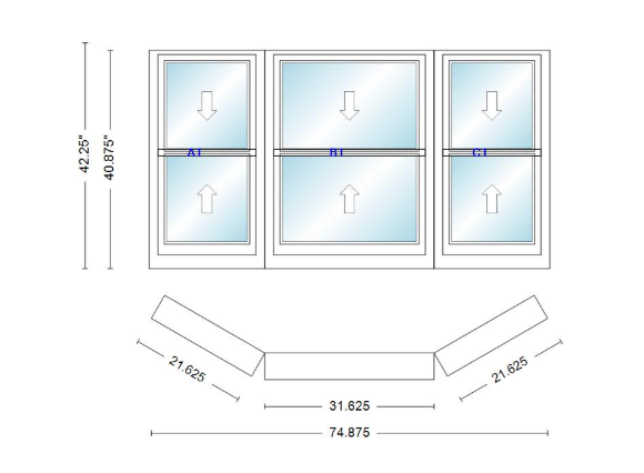 Andersen 400 Series Double Hung Bay Window 74 7/8" Wide Double Hung With Double Hung Flankers 30 Degree Angle Of Deflection Vinyl Exterior Wood Interior Low-E4 Dual Pane Argon Gas