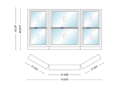 Andersen 400 Series Double Hung Bay Window 74 7/8" Wide Double Hung With Double Hung Flankers 30 Degree Angle Of Deflection Vinyl Exterior Wood Interior Low-E4 Dual Pane Argon Gas