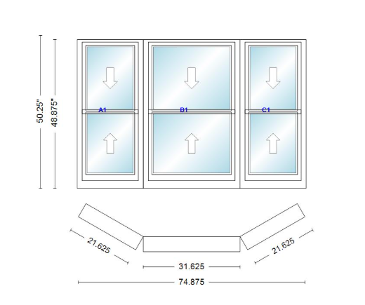 Andersen 400 Series Double Hung Bay Window 74 7/8" Wide Double Hung With Double Hung Flankers 30 Degree Angle Of Deflection Vinyl Exterior Wood Interior Low-E4 Dual Pane Argon Gas