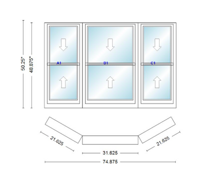 Andersen 400 Series Double Hung Bay Window 74 7/8" Wide Double Hung With Double Hung Flankers 30 Degree Angle Of Deflection Vinyl Exterior Wood Interior Low-E4 Dual Pane Argon Gas