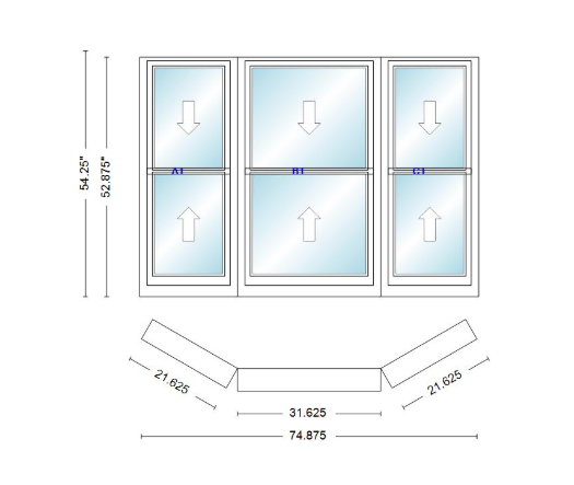 Andersen 400 Series Double Hung Bay Window 74 7/8" Wide Double Hung With Double Hung Flankers 30 Degree Angle Of Deflection Vinyl Exterior Wood Interior Low-E4 Dual Pane Argon Gas