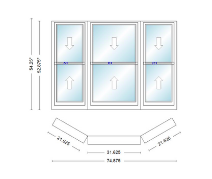 Andersen 400 Series Double Hung Bay Window 74 7/8" Wide Double Hung With Double Hung Flankers 30 Degree Angle Of Deflection Vinyl Exterior Wood Interior Low-E4 Dual Pane Argon Gas