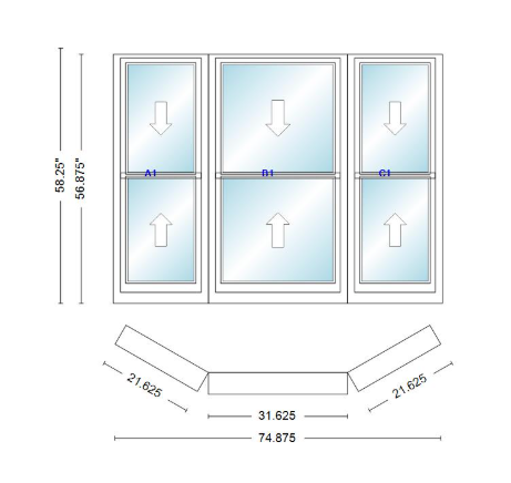 Andersen 400 Series Double Hung Bay Window 74 7/8" Wide Double Hung With Double Hung Flankers 30 Degree Angle Of Deflection Vinyl Exterior Wood Interior Low-E4 Dual Pane Argon Gas