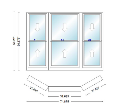 Andersen 400 Series Double Hung Bay Window 74 7/8" Wide Double Hung With Double Hung Flankers 30 Degree Angle Of Deflection Vinyl Exterior Wood Interior Low-E4 Dual Pane Argon Gas