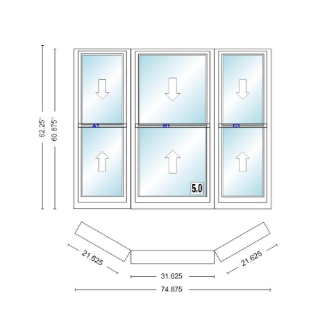 Andersen 400 Series Double Hung Bay Window 74 7/8" Wide Double Hung With Double Hung Flankers 30 Degree Angle Of Deflection Vinyl Exterior Wood Interior Low-E4 Dual Pane Argon Gas