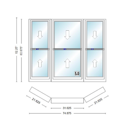 Andersen 400 Series Double Hung Bay Window 74 7/8" Wide Double Hung With Double Hung Flankers 30 Degree Angle Of Deflection Vinyl Exterior Wood Interior Low-E4 Dual Pane Argon Gas