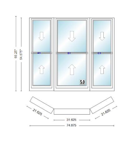 Andersen 400 Series Double Hung Bay Window 74 7/8" Wide Double Hung With Double Hung Flankers 30 Degree Angle Of Deflection Vinyl Exterior Wood Interior Low-E4 Dual Pane Argon Gas