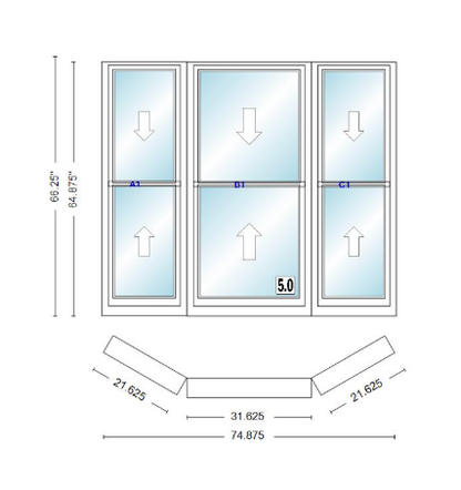 Andersen 400 Series Double Hung Bay Window 74 7/8" Wide Double Hung With Double Hung Flankers 30 Degree Angle Of Deflection Vinyl Exterior Wood Interior Low-E4 Dual Pane Argon Gas