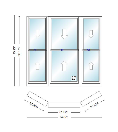 Andersen 400 Series Double Hung Bay Window 74 7/8" Wide Double Hung With Double Hung Flankers 30 Degree Angle Of Deflection Vinyl Exterior Wood Interior Low-E4 Dual Pane Argon Gas