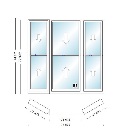 Andersen 400 Series Double Hung Bay Window 74 7/8" Wide Double Hung With Double Hung Flankers 30 Degree Angle Of Deflection Vinyl Exterior Wood Interior Low-E4 Dual Pane Argon Gas