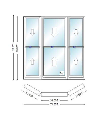 Andersen 400 Series Double Hung Bay Window 74 7/8" Wide Double Hung With Double Hung Flankers 30 Degree Angle Of Deflection Vinyl Exterior Wood Interior Low-E4 Dual Pane Argon Gas