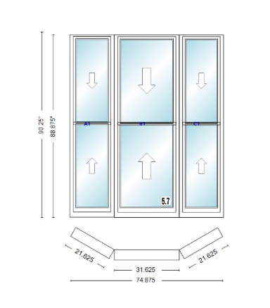 Andersen 400 Series Double Hung Bay Window 74 7/8" Wide Double Hung With Double Hung Flankers 30 Degree Angle Of Deflection Vinyl Exterior Wood Interior Low-E4 Dual Pane Argon Gas
