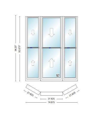 Andersen 400 Series Double Hung Bay Window 74 7/8" Wide Double Hung With Double Hung Flankers 30 Degree Angle Of Deflection Vinyl Exterior Wood Interior Low-E4 Dual Pane Argon Gas