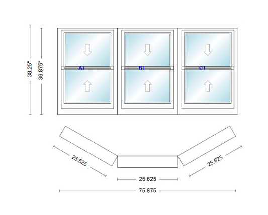 Andersen 400 Series Double Hung Bay Window 75 7/8" Wide Double Hung With Double Hung Flankers 30 Degree Angle Of Deflection Vinyl Exterior Wood Interior Low-E4 Dual Pane Argon Gas